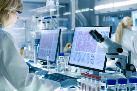Científica analiza imágenes de una investigación contra el cáncer Una científica investiga frente a la pantalla de su ordenador en un laboratorio