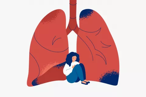 Concepto de enfermedades respiratorias crónicas Ilustración de una mujer con problemas respiratorios sentada con unos pulmones detrás
