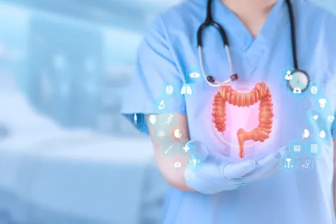 Holograma del intestino, tratamiento del cáncer colorrectal Un gastroenterólogo sostiene en su mano un holograma del intestino