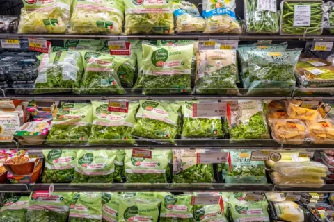 Bolsas de ensaladas preparadas para su consumo Expositor con ensaladas listas para comer en un supermercado