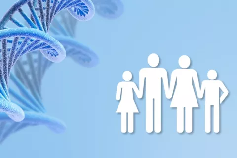 ADN mitocondrial Ilustración de estructura de ADN junto a figuras de familia compuesta por padre madre y dos hijos