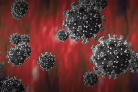 Nueva variante del coronavirus Imagen de células de covid 19 sobre fondo azul