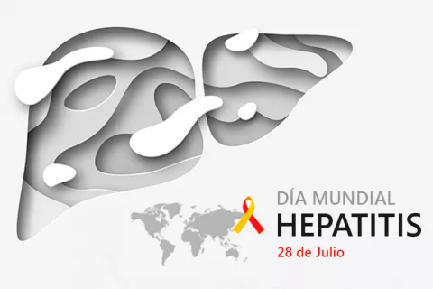 Gráfico de un hígado, un mapamundi y el lazo y fecha del Día Mundial Hepatitis Ilustración del Día Mundial contra la Hepatitis