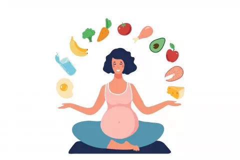 Nutrición completa durante la gestación con diversos alimentos Ilustración de una embarazada con varios alimentos saludables sobre su cabeza