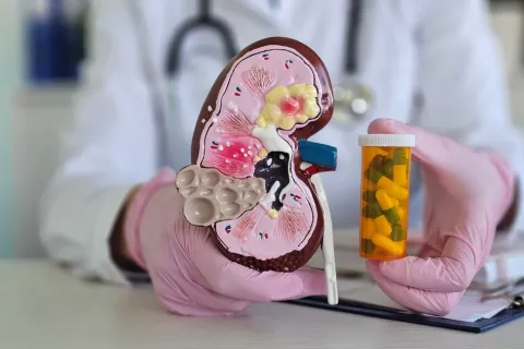 Fármaco para el estreñimiento frena el deterioro renal Médico muestra un corte de un riñón y un bote de fármacos