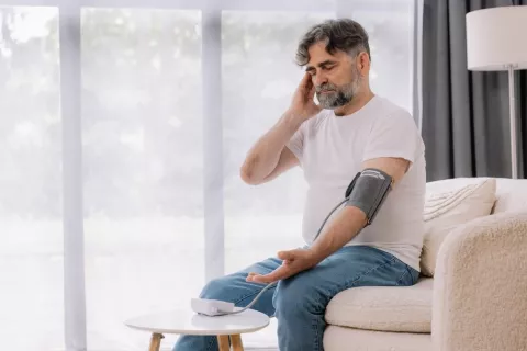 Hipertensión arterial persistente Hombre de mediana edad mareado tomándose la tensión arterial