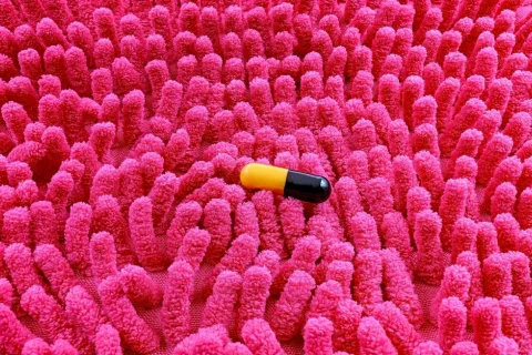 Fármaco sobre un fondo rosa concepto de microbioma intestinal