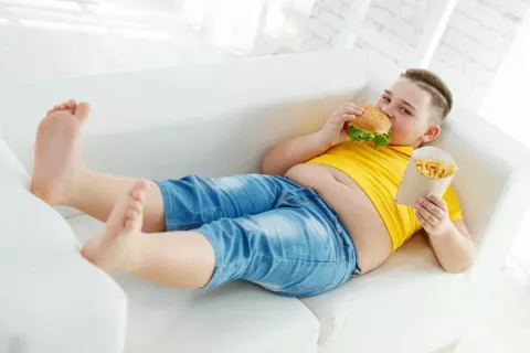 Niño con obesidad tumbado en el sofá mientras come hamburguesa y patatas fritas