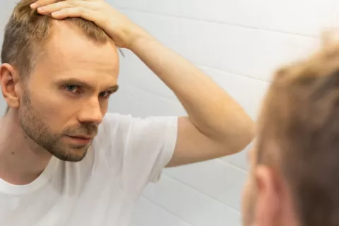Hombre comprueba en el espejo que está perdiendo cabello