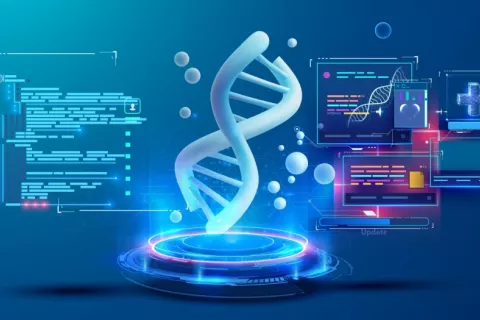Ilustración de digital de una cadena de ADN rodeada de pantallas con datos dinámicos para investigación genética