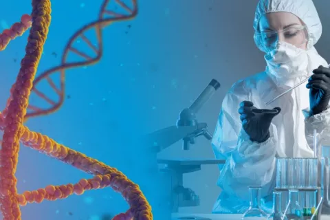 Científica investiga sobre enfermedades genéticas en su laboratorio Científica investiga sobre Ingeniería genética con moléculas de ADN en primer plano