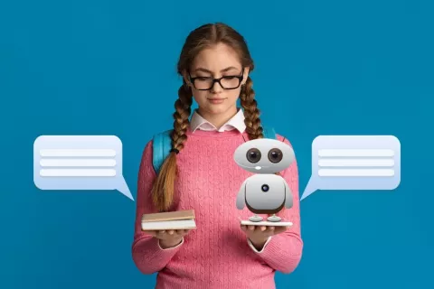 Estudiar con inteligencia artificial frente a estudiar de forma tradicional Chica estudiante con trenzas sostiene un libro y una tablet con un dibujo de IA