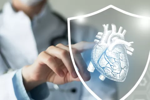 Holograma del corazón sobre una pantalla que señala un médico Médico señala un holograma del corazón representado en una pantalla