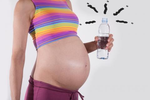 Embarazada con una botella de plástico en la mano