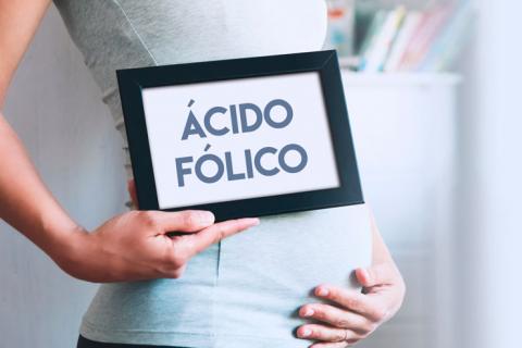 Mujer embarazada con un cartel de ácido fólico