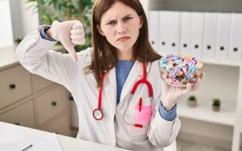 Joven doctora muestra caramelos y el pulgar hacia abajo Doctora sujeta un cuenco lleno de caramelos y hace un gesto de desacuerdo con el pulgar hacia abajo