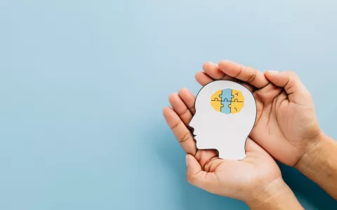 Unas manos sostienen una figura de una cabeza con piezas uniéndose para formar un cerebro