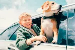 Un niño y su perro se asoman desde la ventanilla de un coche
