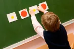 Método Doman en el colegio Niño sujeta fichas con dibujos en una pizarra