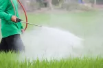 Pesticida agrícola Granjero fumigando una plantación