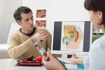 Diagnóstico del varicocele Hombre en la consulta del urólogo por varicocele