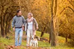 Caminar beneficia a las personas con fibromialgia Una pareja de adultos mayores pasea con su perro por el campo