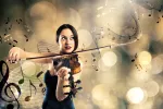 Una mujer toca el violín con un fondo de notas musicales