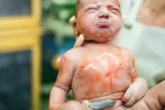 Retrasar el corte del cordón ayuda al desarrollo del cerebro del bebé Recién nacido aún con el cordón umbilical