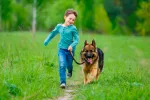 Niño corriendo con su perro por el campo