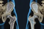 Infografía de una cadera afectada de osteoporosis