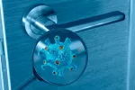 El coronavirus se transmite en las salas de aislamiento Ilustración del coronavirus en el pomo de una puerta