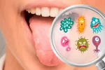 Patógenos en la boca que provocan cáncer oral Gérmenes de la boca y bacterias observados por una lupa