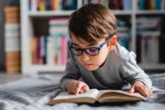 5 genes combinados con largos años de escolaridad pueden causar miopía Un niño con gafas tendido en el suelo y leyendo un libro