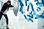 Mujer protegiéndose de las bacterias con un escudo