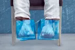 Pies siempre fríos: causas y consejos para evitarlo Una persona sentada con unas bolsas para congelar en los pies