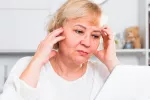 Mujer mayor que no puede concentrarse en el ordenador