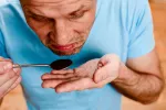 Un hombre intentando oler una cucharada de café