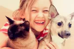 Menos alergias alimentarias en niños que viven con perros o gatos Una niña cogiendo a su perro y a su gato en brazos