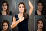 Mujer con diferentes gestos faciales que expresan distintas emociones