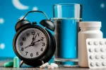 La melatonina puede reducir el riesgo de pérdida de visión asociada a la edad Bote de melatonina en la mesilla de noche junto al despertador