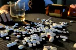 El consumo de alcohol o drogas se cobra 3,2 millones de vidas anuales Hombre tumbado inconsciente sobre una mesa llena de pastillas y alcohol
