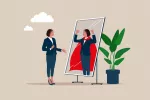 Claves para ganar confianza en uno mismo Ilustración de la confianza en sí mismo de mujer con capa al espejo