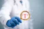 Gran avance en cáncer de cérvix: nueva terapia reduce un 40% la mortalidad Médico con una lupa mostrando el aparato reproductor femenino