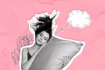 Crean un método de entrenamiento antes de dormir para tener sueños lúcidos Una ilustración tipo 'collage' de una chica joven soñando