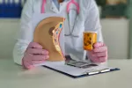 Un nuevo fármaco oral mejora el pronóstico del cáncer de mama avanzado Un doctor mostrando un modelo 3D de una mama y un bote con fármacos