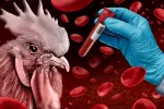 Un tratamiento con anticuerpos probado en monos muestra eficacia frente a la gripe aviar Ilustración de un gallo y una mano que sostiene un tubo de ensayo con sangre
