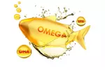 El consumo de ácidos grasos omega 3 mantiene los órganos jóvenes Ilustración de un pez dorado con la palabra omega y dos burbujas con EPA y DHA
