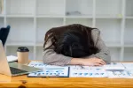 Un fármaco reduce síntomas de la narcolepsia como la somnolencia y la cataplejía Mujer dormida sobre su escritorio durante una jornada de trabajo