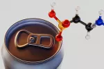 Lata de bebida energética con taurina Renderización de moléculas 3D de Taurina y lata de bebida energética sin marca