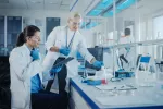 Mujeres científicas trabajan en un laboratorio probando fármacos Dos científicas analizan muestras bioquímicas en un laboratorio